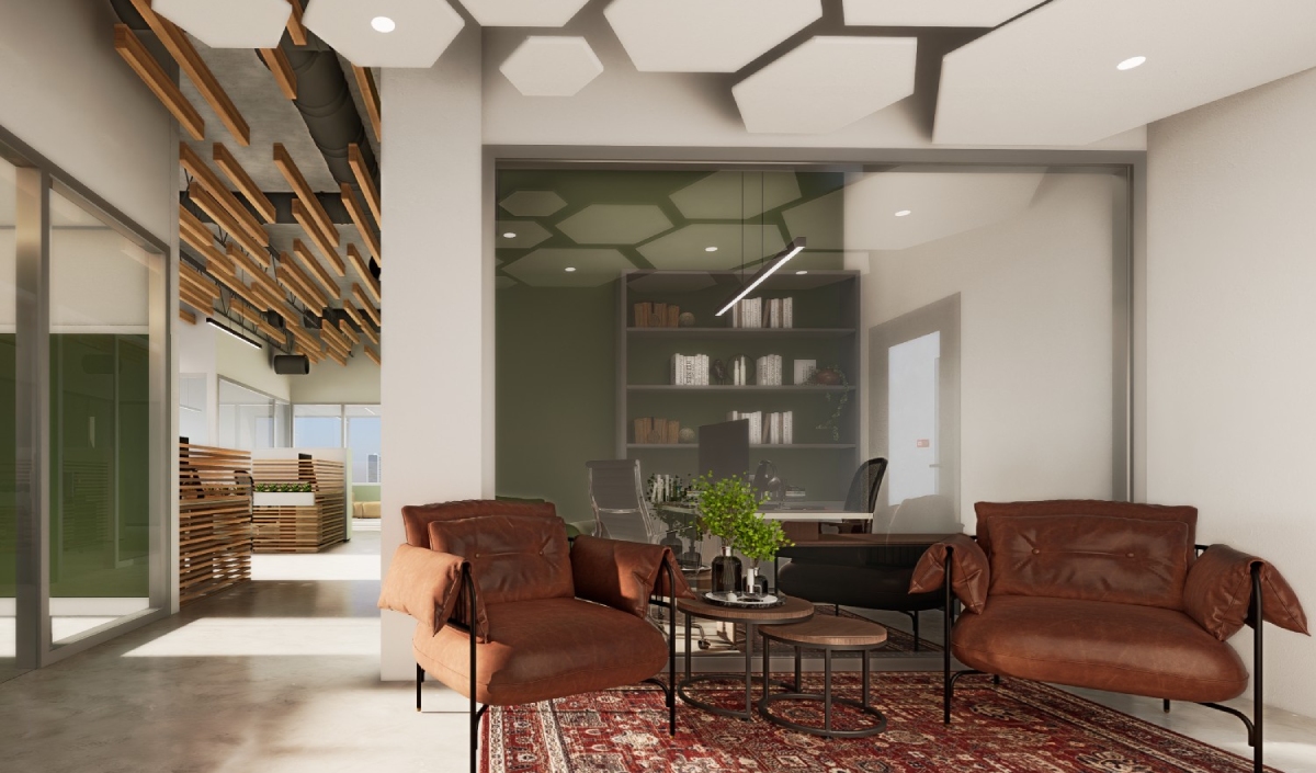 Modern office space with two brown leather chairs, a small table, and a rug in the foreground; glass-walled office with shelves and desk in the background.