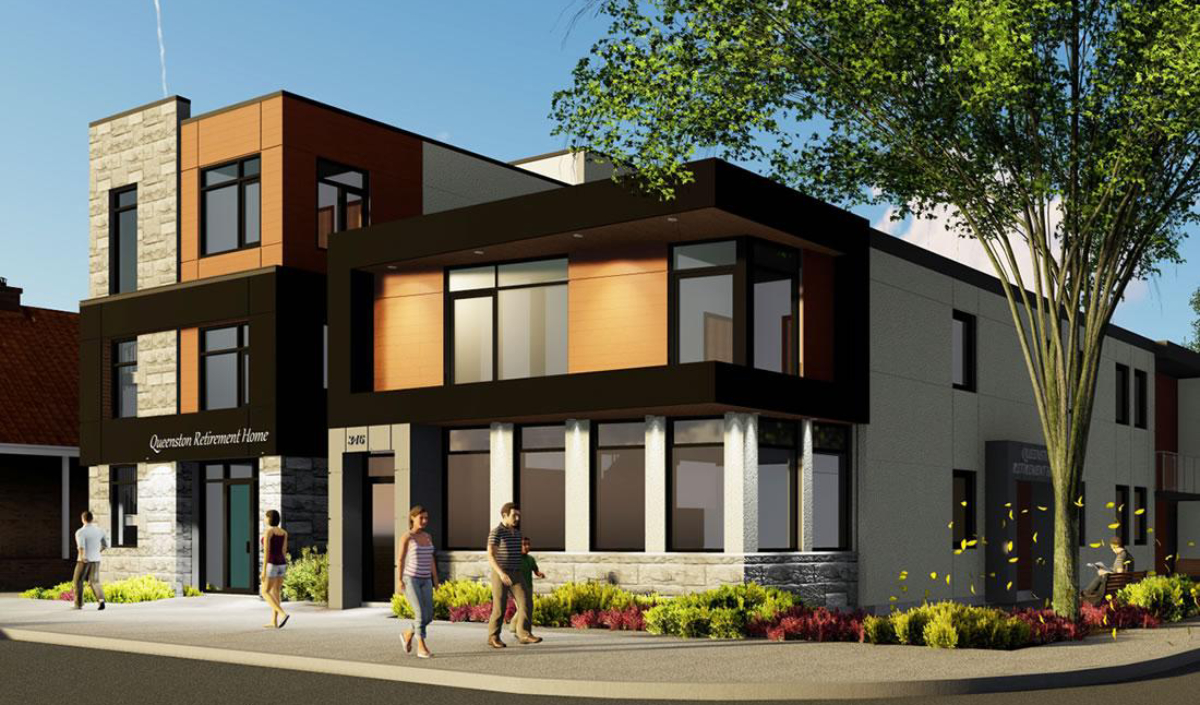 Modern two-story building with large windows, stone and wood accents, surrounded by landscaping; several people walking on the sidewalk in front.
