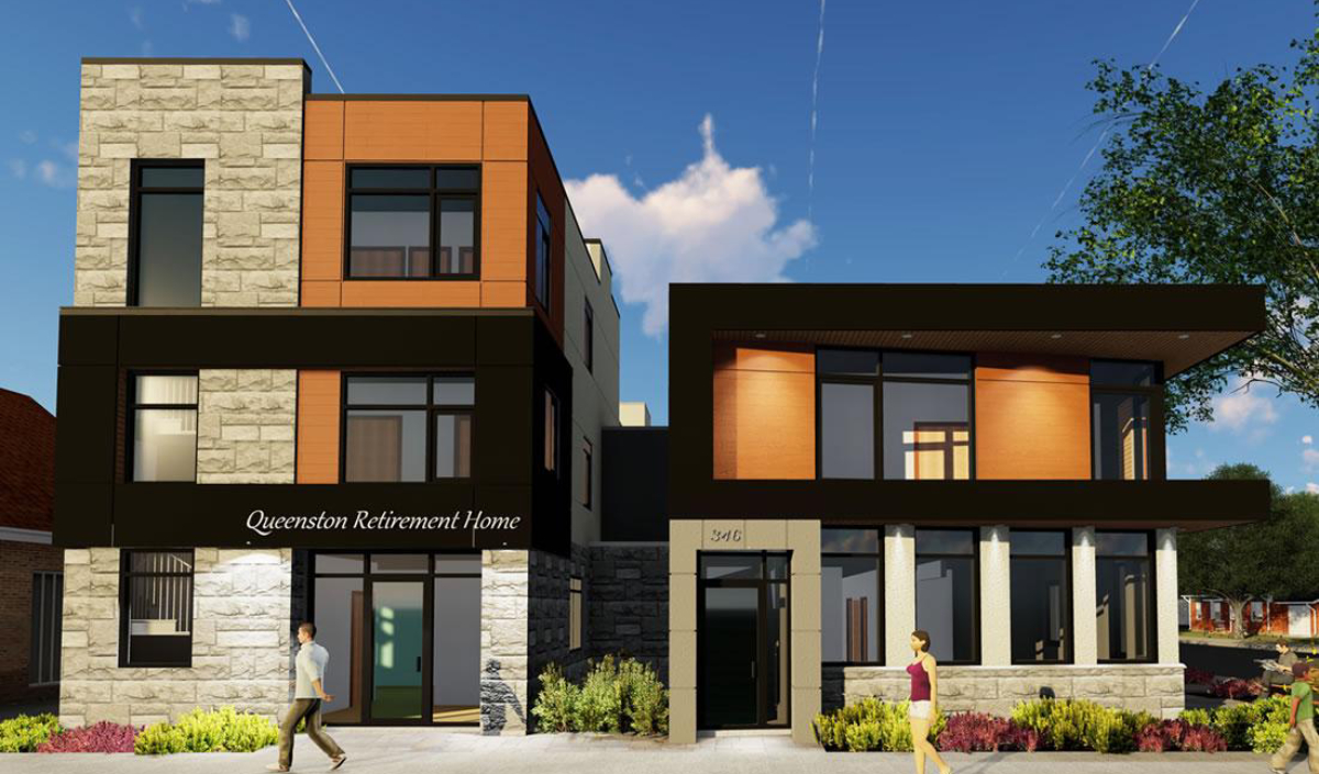Modern two-story building labeled "Queenston Retirement Home" with stone and wood panels, large windows, and two people walking on the sidewalk in front.